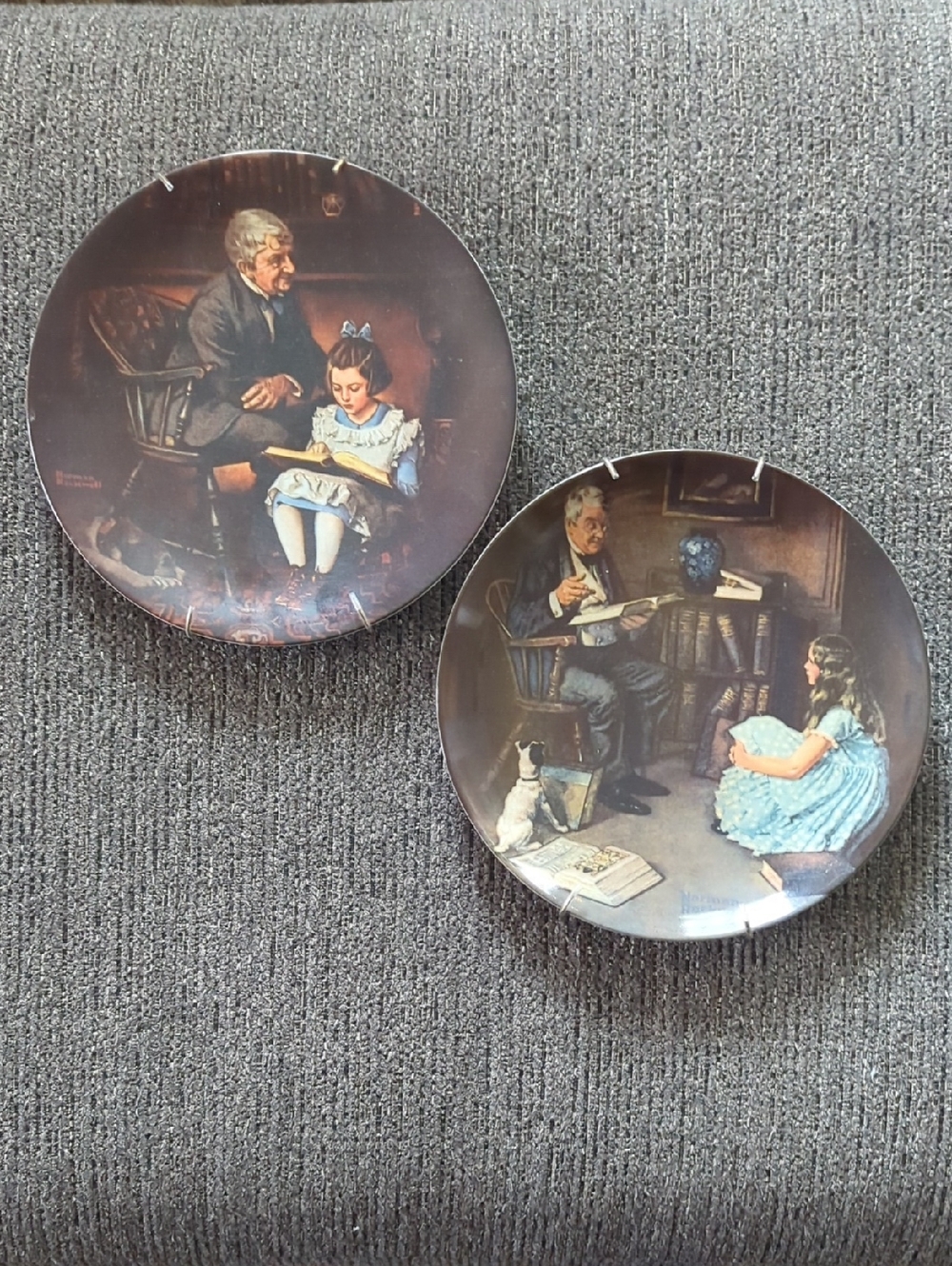 Vintage Knowles Decorative Plates with Brown and Blue Storybook Scenes